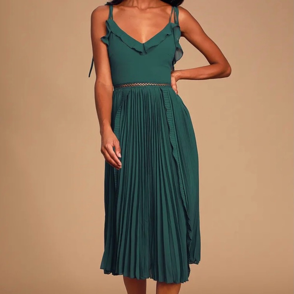 Emerald Green chiffon pleated skirt midi dress adjustable tie straps.